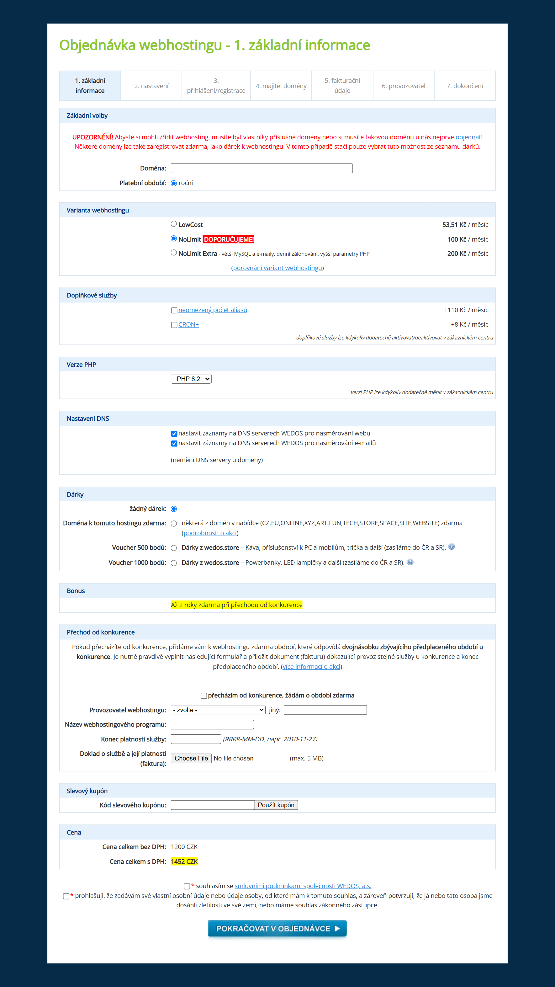Objednávka webhostingu VEDOS — krok 1: výber variantu, doplnkové služby, darčeky a zľavový kupón